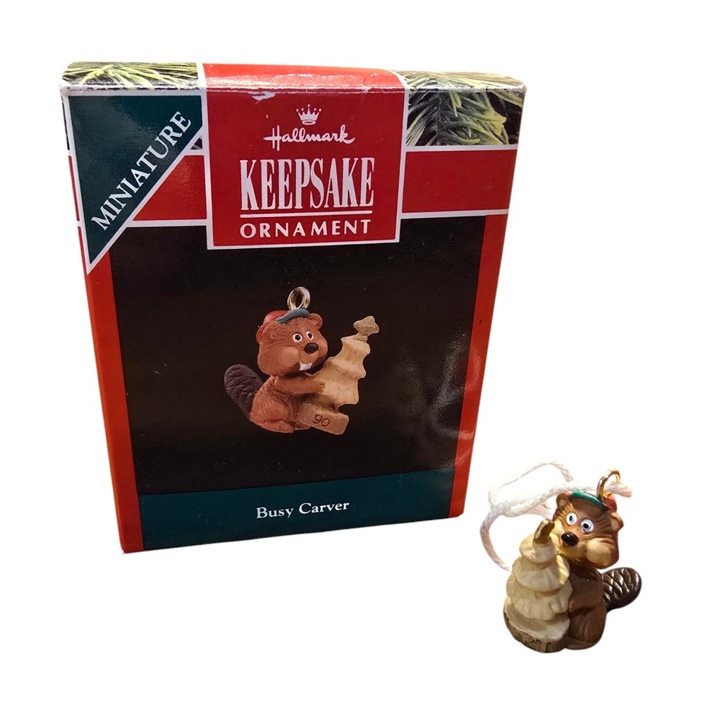 Hallmark Miniature Ornament BUSY CARVER Beaver Carving Christmas Tree 1990